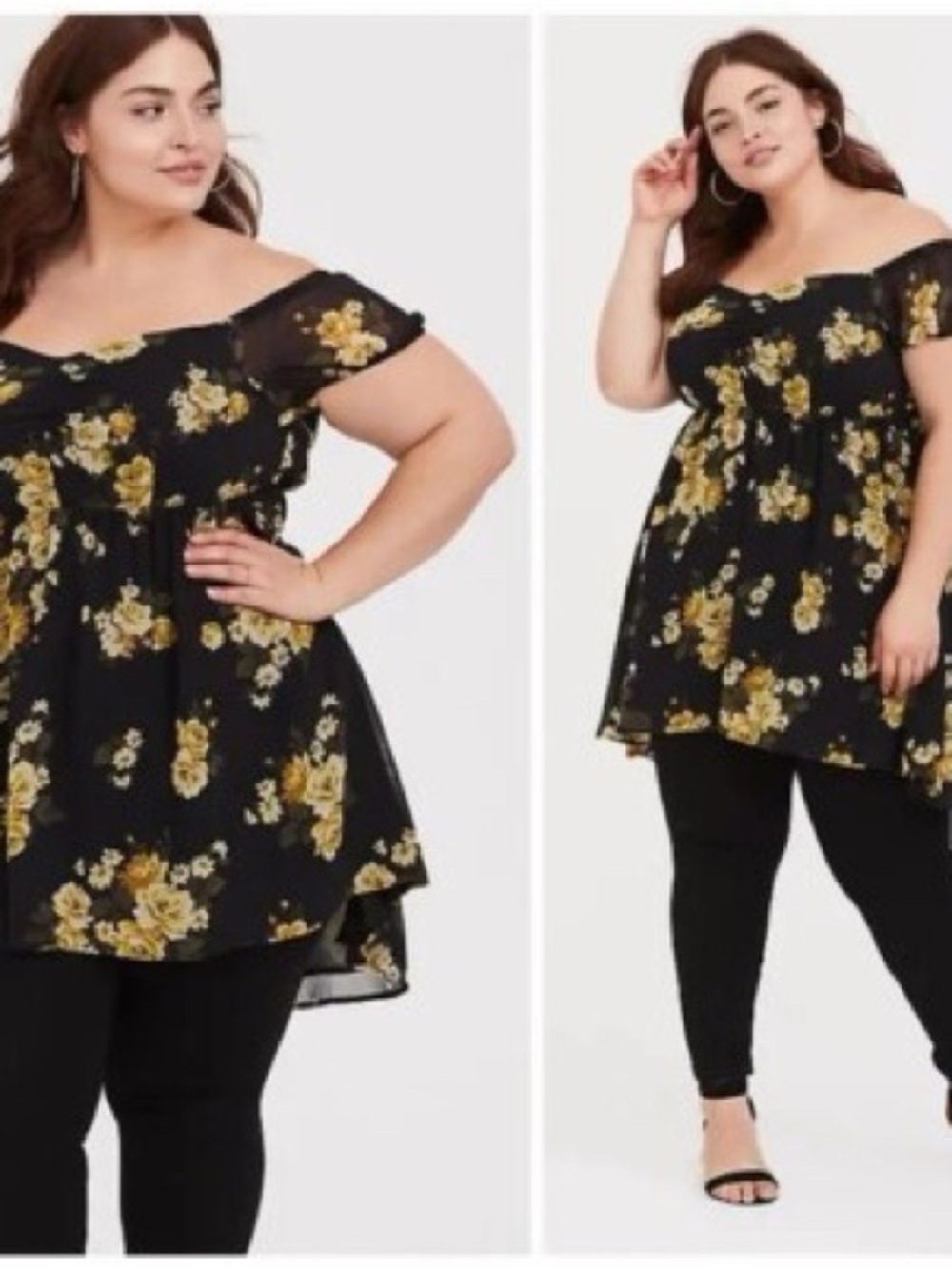 torrid Black Off-the-Shoulder Floral Tunic with Yellow Bouquet